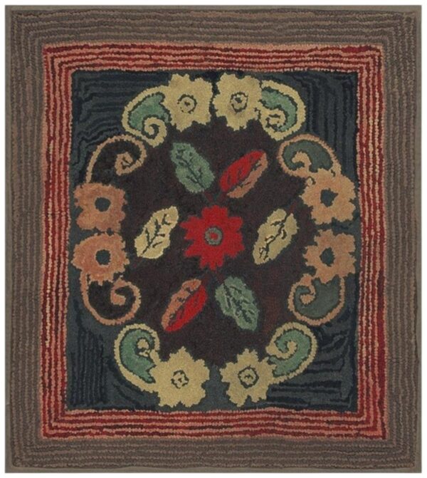1880s small traditional brown leaves folk art antique american wool hooked rug 1 1880s small traditional brown leaves folk art antique american wool hooked rug