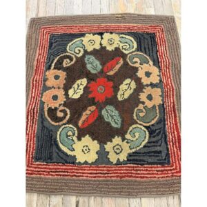 1880s Small Traditional Brown Leaves Folk Art Antique American Wool Hooked Rug - detail view 1
