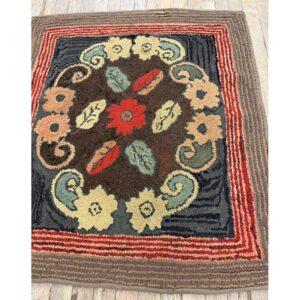 1880s Small Traditional Brown Leaves Folk Art Antique American Wool Hooked Rug - detail view 2