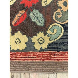 1880s Small Traditional Brown Leaves Folk Art Antique American Wool Hooked Rug - detail view 3