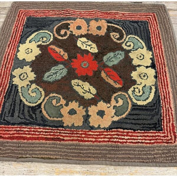1880s small traditional brown leaves folk art antique american wool hooked rug 5 1880s small traditional brown leaves folk art antique american wool hooked rug - detail view 4