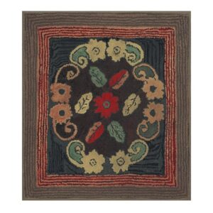 1880s Small Traditional Brown Leaves Folk Art Antique American Wool Hooked Rug - detail view 6