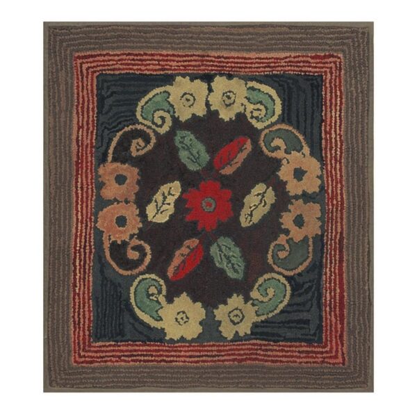 1880s small traditional brown leaves folk art antique american wool hooked rug 7 1880s small traditional brown leaves folk art antique american wool hooked rug - detail view 6