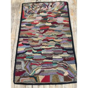 1880s Traditional American Geometric Folk Art Multicolor Antique Hooked Wool Rug - detail view 1