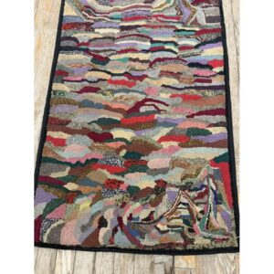 1880s Traditional American Geometric Folk Art Multicolor Antique Hooked Wool Rug - detail view 2