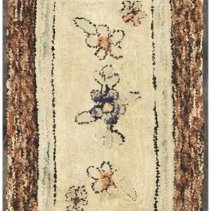 1880s Traditional Beige Antique Folk Art American Hooked Knotted Wool Rug