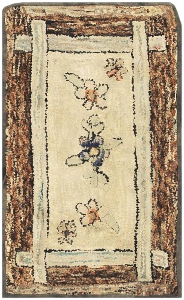 1880s traditional beige antique folk art american hooked knotted wool rug