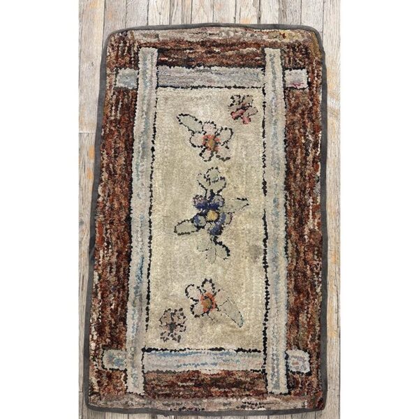 1880s traditional beige antique folk art american hooked knotted wool rug - detail view 1