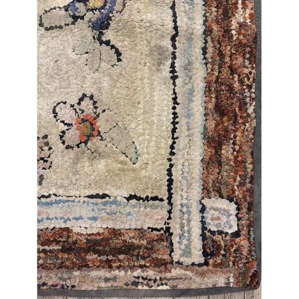1880s traditional beige antique folk art american hooked knotted wool rug - detail view 6