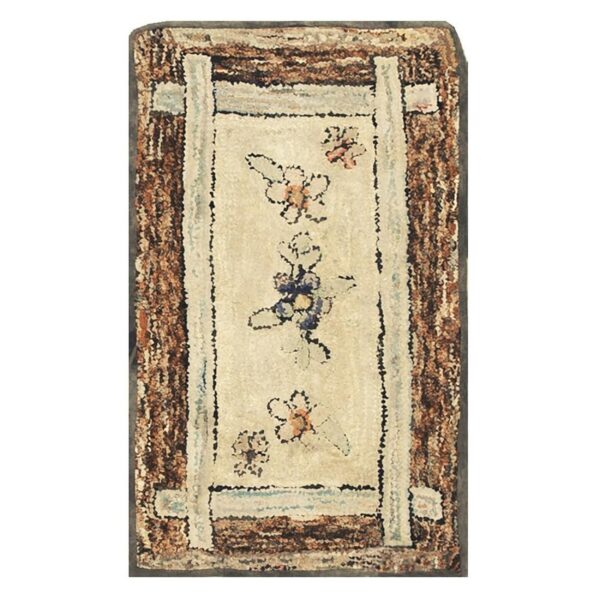 1880s traditional beige antique folk art american hooked knotted wool rug - detail view 7