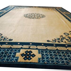 1890s Beige Medallion Antique Chinese Peking Rug 8'10" X 11'8" Handknotted Wool Carpet - detail view 1