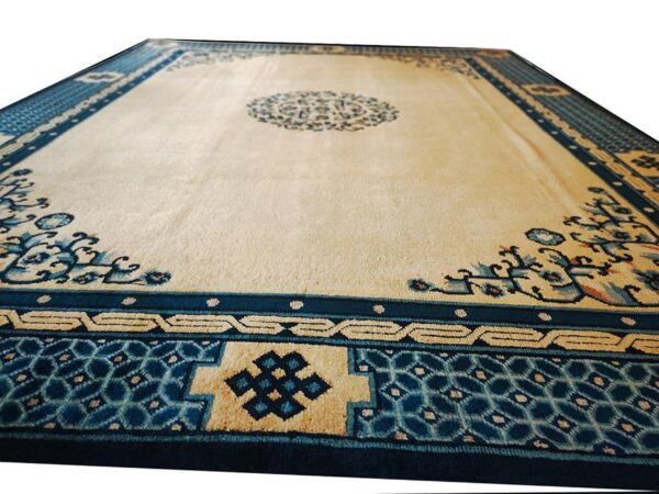 1890s beige medallion antique chinese peking rug 8'10" x 11'8" handknotted wool carpet 2 1890s beige medallion antique chinese peking rug 8'10" x 11'8" handknotted wool carpet - detail view 1