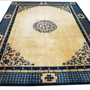 1890s Beige Medallion Antique Chinese Peking Rug 8'10" X 11'8" Handknotted Wool Carpet - detail view 2