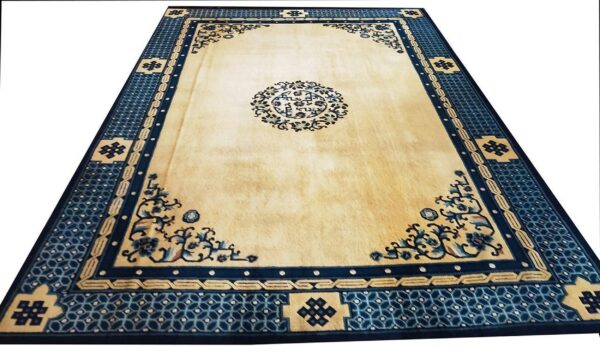 1890s beige medallion antique chinese peking rug 8'10" x 11'8" handknotted wool carpet 3 1890s beige medallion antique chinese peking rug 8'10" x 11'8" handknotted wool carpet - detail view 2