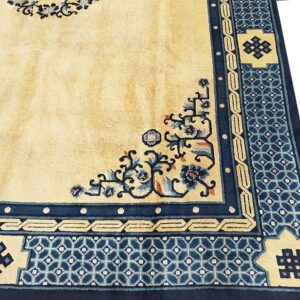 1890s Beige Medallion Antique Chinese Peking Rug 8'10" X 11'8" Handknotted Wool Carpet - detail view 3