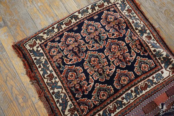 1890s black medallion antique s. Persian afshar saddle bag rug 2' x 4'2" knotted pile wool carpet - detail view 1