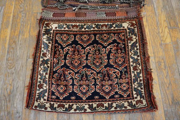 1890s black medallion antique s. Persian afshar saddle bag rug 2' x 4'2" knotted pile wool carpet - detail view 3
