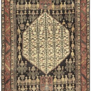 1890s Small Deep Blue Classic Vase Medallion Antique Senneh Knotted Wool Rug