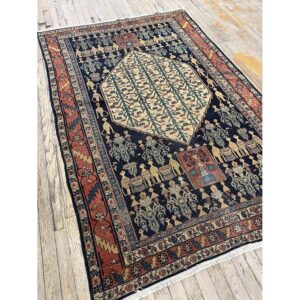 1890s Small Deep Blue Classic Vase Medallion Antique Senneh Knotted Wool Rug - detail view 1