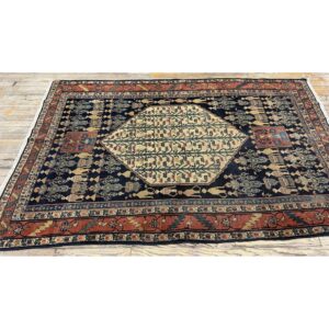 1890s Small Deep Blue Classic Vase Medallion Antique Senneh Knotted Wool Rug - detail view 2