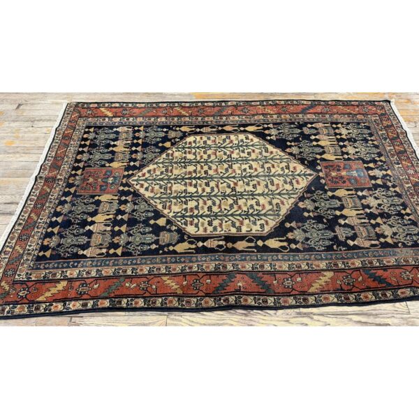 1890s small deep blue classic vase medallion antique senneh knotted wool rug 3 1890s small deep blue classic vase medallion antique senneh knotted wool rug - detail view 2