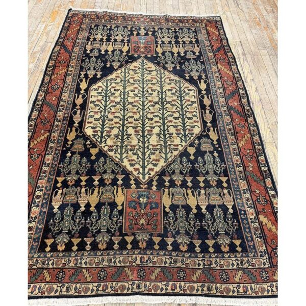 1890s small deep blue classic vase medallion antique senneh knotted wool rug 4 1890s small deep blue classic vase medallion antique senneh knotted wool rug - detail view 3