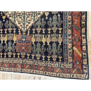 1890s Small Deep Blue Classic Vase Medallion Antique Senneh Knotted Wool Rug - detail view 4