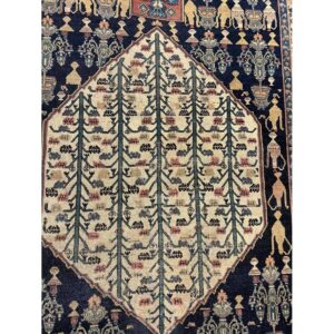 1890s Small Deep Blue Classic Vase Medallion Antique Senneh Knotted Wool Rug - detail view 7