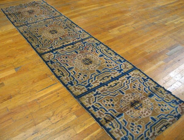 1890s tan beige medallion antique chinese ningxia rug 2'4" x 9' handknotted wool carpet 2 1890s tan beige medallion antique chinese ningxia rug 2'4" x 9' handknotted wool carpet - detail view 1