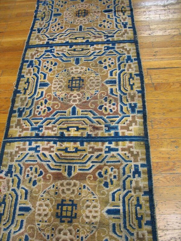 1890s tan beige medallion antique chinese ningxia rug 2'4" x 9' handknotted wool carpet 3 1890s tan beige medallion antique chinese ningxia rug 2'4" x 9' handknotted wool carpet - detail view 2