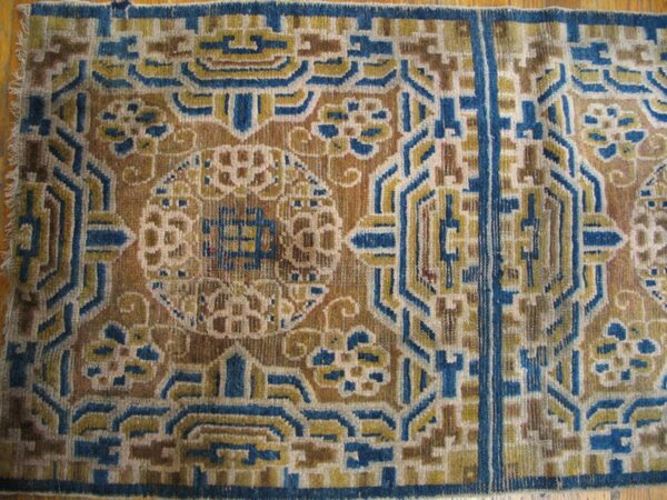 1890s tan beige medallion antique chinese ningxia rug 2'4" x 9' handknotted wool carpet 4 1890s tan beige medallion antique chinese ningxia rug 2'4" x 9' handknotted wool carpet - detail view 3