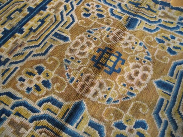 1890s tan beige medallion antique chinese ningxia rug 2'4" x 9' handknotted wool carpet 6 1890s tan beige medallion antique chinese ningxia rug 2'4" x 9' handknotted wool carpet - detail view 5