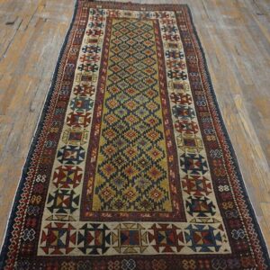1890s Yellow Diamond Antique Caucasian Talish Carpet 3'4" X 7'6" Knotted Wool Rug - detail view 1
