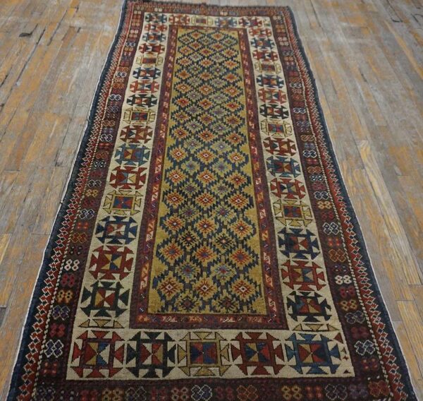 1890s yellow diamond antique caucasian talish carpet 3'4" x 7'6" knotted wool rug - detail view 1