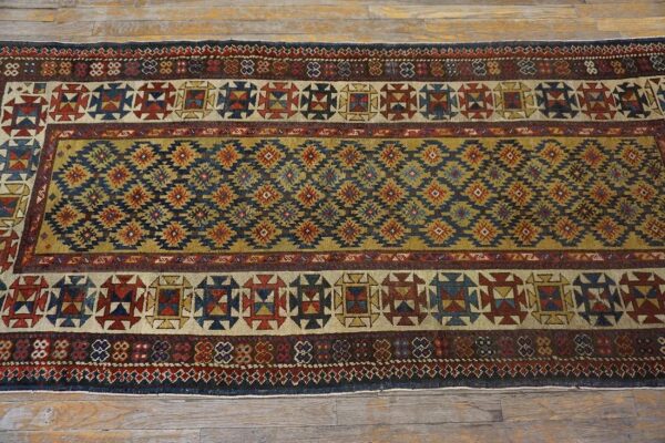 1890s yellow diamond antique caucasian talish carpet 3'4" x 7'6" knotted wool rug - detail view 2