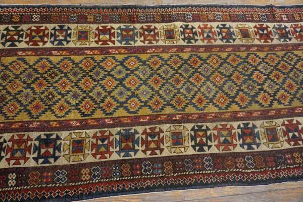 1890s yellow diamond antique caucasian talish carpet 3'4" x 7'6" knotted wool rug - detail view 3