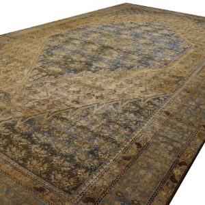 1900s Blue Camel Medallion Antique Persian Malayer Rug 12'3'' X 21'2'' Handknotted Wool Carpet - detail view 1