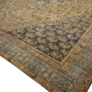1900s Blue Camel Medallion Antique Persian Malayer Rug 12'3'' X 21'2'' Handknotted Wool Carpet - detail view 4