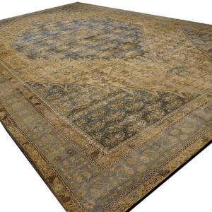 1900s Blue Camel Medallion Antique Persian Malayer Rug 12'3'' X 21'2'' Handknotted Wool Carpet - detail view 7