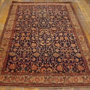 1900s Blue Navy Floral Antique Persian Sarouk Farahan Rug 4'2" X 6'8" Handknotted Wool Carpet - detail view 1