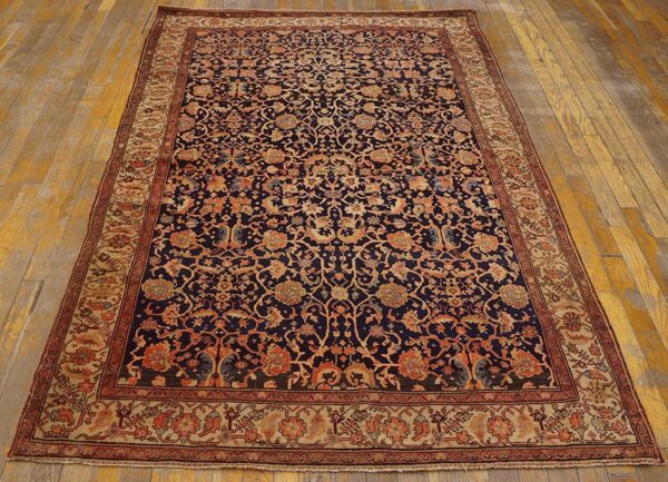 1900s blue navy floral antique persian sarouk farahan rug 4'2" x 6'8" handknotted wool carpet - detail view 1