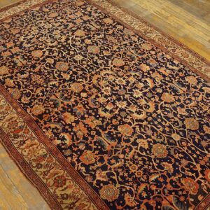 1900s Blue Navy Floral Antique Persian Sarouk Farahan Rug 4'2" X 6'8" Handknotted Wool Carpet - detail view 2