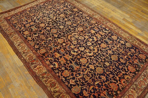 1900s blue navy floral antique persian sarouk farahan rug 4'2" x 6'8" handknotted wool carpet - detail view 2