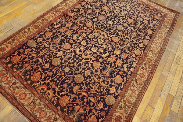 1900s blue navy floral antique persian sarouk farahan rug 4'2" x 6'8" handknotted wool carpet - detail view 3