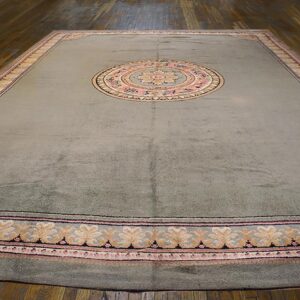 1900s Green Asparagus Medallion Antique Irish Donegal Arts & Crafts Rug 12'6" X 18' Knotted Wool Carpet - detail view 1