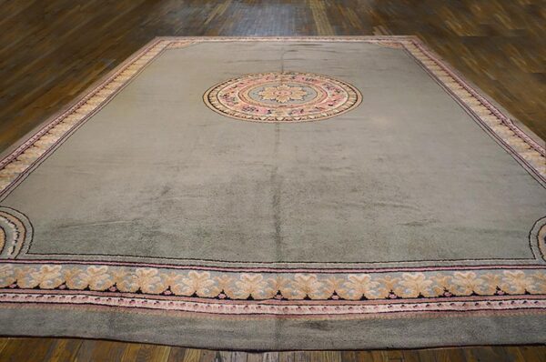 1900s green asparagus medallion antique irish donegal arts & crafts rug 12'6" x 18' knotted wool carpet 2 1900s green asparagus medallion antique irish donegal arts & crafts rug 12'6" x 18' knotted wool carpet - detail view 1