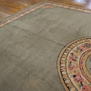 1900s Green Asparagus Medallion Antique Irish Donegal Arts & Crafts Rug 12'6" X 18' Knotted Wool Carpet - detail view 2