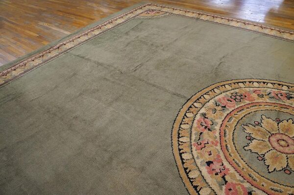 1900s green asparagus medallion antique irish donegal arts & crafts rug 12'6" x 18' knotted wool carpet 3 1900s green asparagus medallion antique irish donegal arts & crafts rug 12'6" x 18' knotted wool carpet - detail view 2