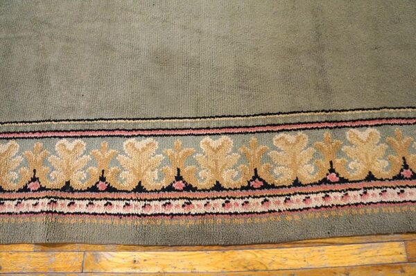 1900s green asparagus medallion antique irish donegal arts & crafts rug 12'6" x 18' knotted wool carpet 4 1900s green asparagus medallion antique irish donegal arts & crafts rug 12'6" x 18' knotted wool carpet - detail view 3