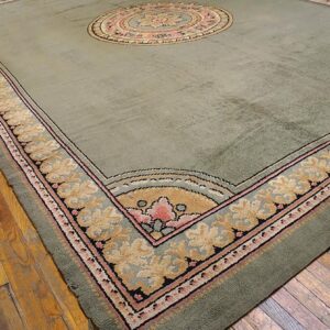 1900s Green Asparagus Medallion Antique Irish Donegal Arts & Crafts Rug 12'6" X 18' Knotted Wool Carpet - detail view 5